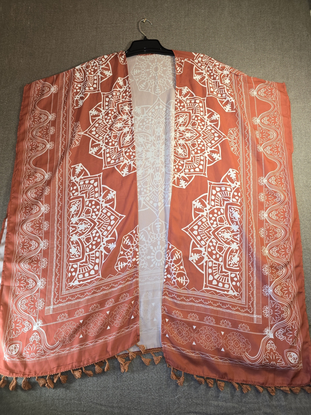 Bohemian Rust Mandala Print Kimono Swim Cover-up with Tassel Trim One Size